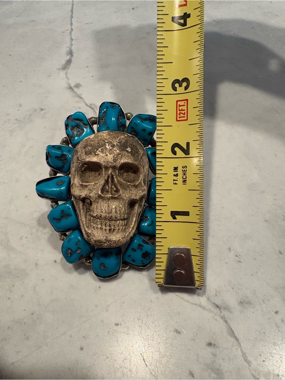 Silver, Turquoise & Resin Skull Statement Ring Xxl - Picture 7 of 7
